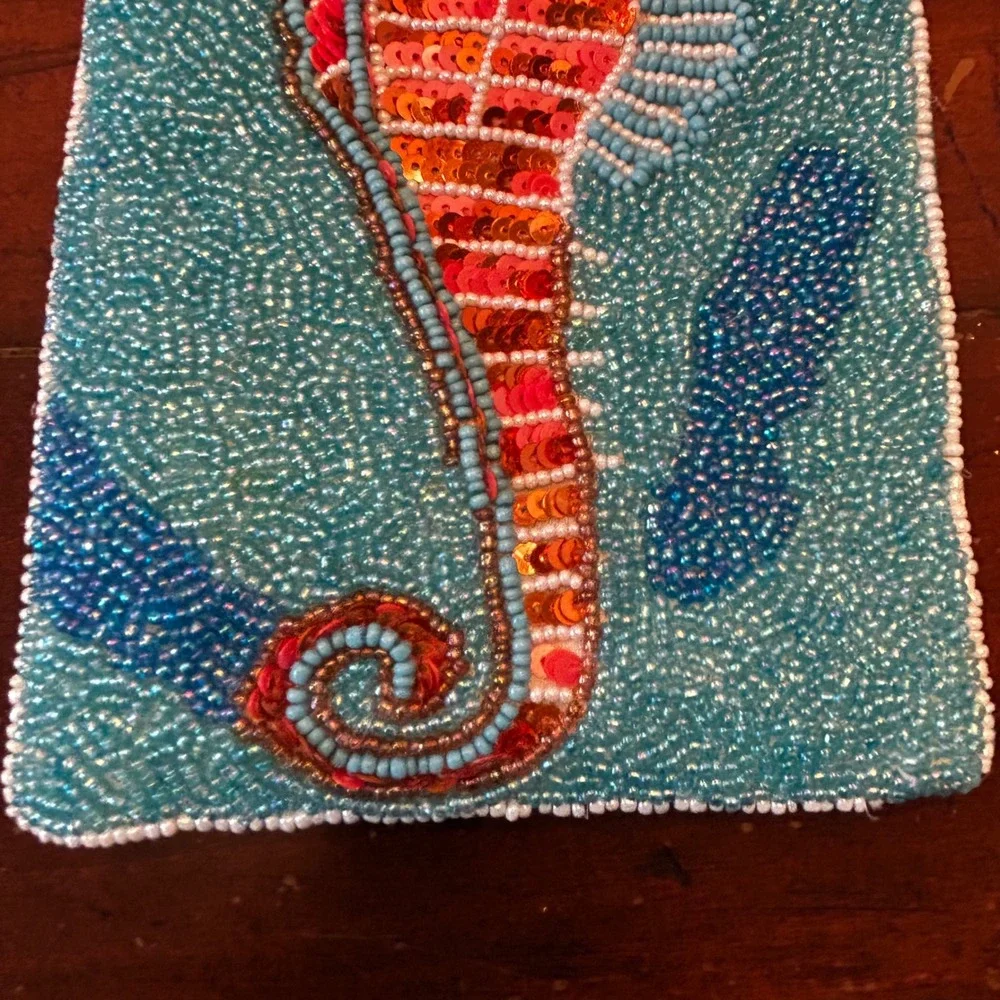 Bamboo Trading Co Seahorse Beaded Pouch Zipper w Shoulder Strap (not shown)
